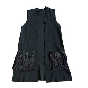 Kobi Halperin Black Open-Front Long-Length Vest Topper Fringe Pockets Size Small